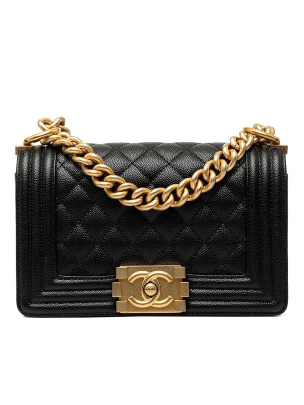 Chanel CC Logo Quilted Boy 20 Vintage Chain Shoulder Bag Black Caviar Leather